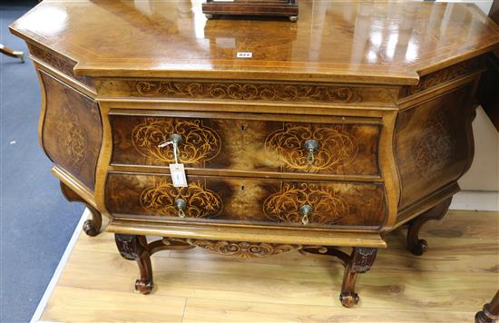 A 1930s seaweed marquetry and walnut bombe sideboard, W.124cm H.85cm